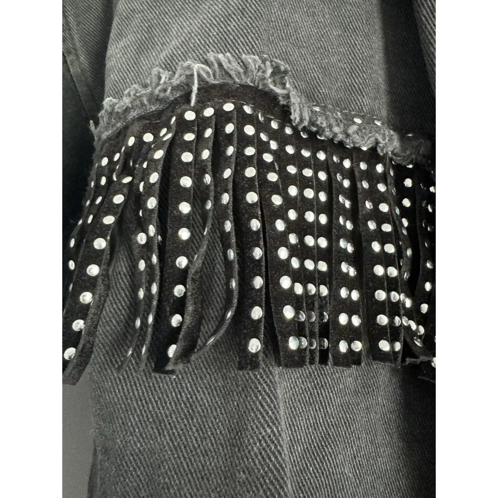Zara Girl's Black Denim Studded Fringed Shirt Jacket Black Size 10 Snap